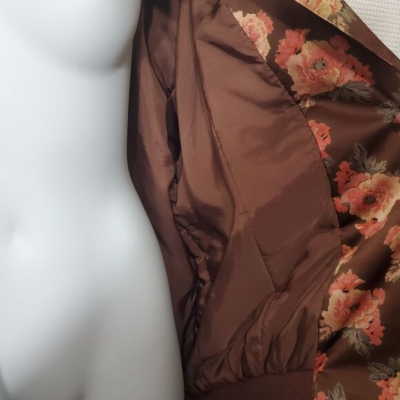 Saks Fifth Avenue Real Clothes Bomber Jacket Womens Large 100% Silk Brown Floral - Picture 9 of 11